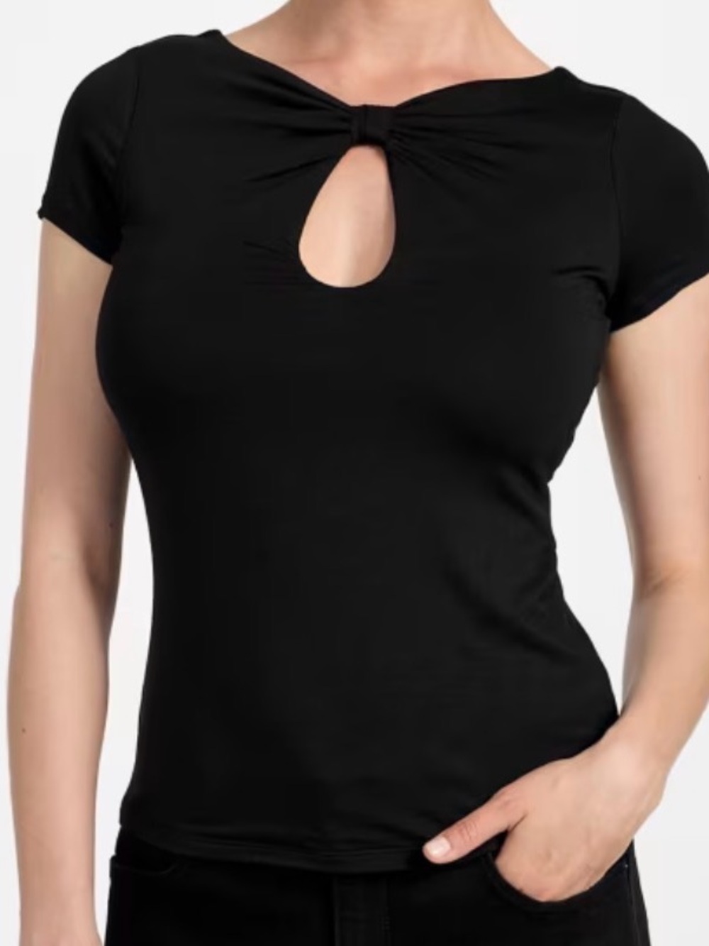 Guess Black Cap Short Sleeve Keyhole Eco Joey Cutout Top Women’s S Casual knit